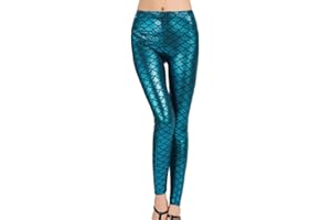 Minetom Damen Fischschuppe Glanz Leggings Fisch Schuppen Scale Glänzend Strumpfhose Hüfthose Hose Karneval Kostüm Mädchen Elastisch Skinny Pants