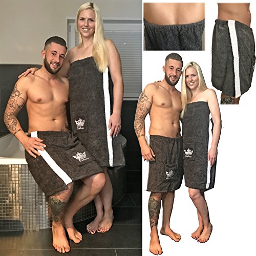 JEMIDI Sauna Frottee Kilt Sarong Damen oder Herren Anthrazit Grau mit Stickerei 100% Baumwolle Saunakilt Saunasarong Saunatuch Anthrazit/Weiß Damen - 7