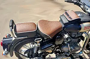 Al Ameen / RE Classic Seat Cover & Tank Cover Combo for 350/500 with RE Logo / Double Tone Brown with Black / Bullet Seat Cover / Double Milky White Stitches / Waterproof / UV Protected