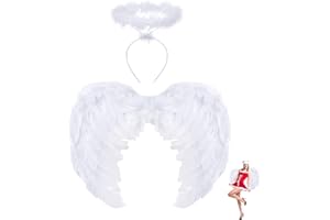 Lrxyfyw 45cm EngelsflüGel Weiß,Engel KostüM Damen Mit Heiligenschein,Engel KostüM Damen,Engels FlüGel KostüM,FederflüGel Engel,EngelsflüGel Deko,KostüM Engel,Engel FlüGel
