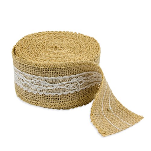 2er SET Jute-, Geschenkband mit Spitze für Weihnachtsgeschenke, Blumensträuße und zur Dekoration, Hochzeitsdekorationen, Tischverzierung oder Geburtstagspresente, Schleife, Farbe: Natur/weiß - 2