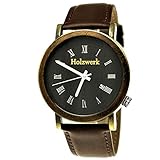 Handgefertigte Holzwerk Germany® Designer Herren-Uhr Öko Natur Holz-Uhr Leder Armband-Uhr Analog Römische Ziffern Quarz-Uhr Braun Schwarz Gold Datumsanzeige Holz Ziffernblatt