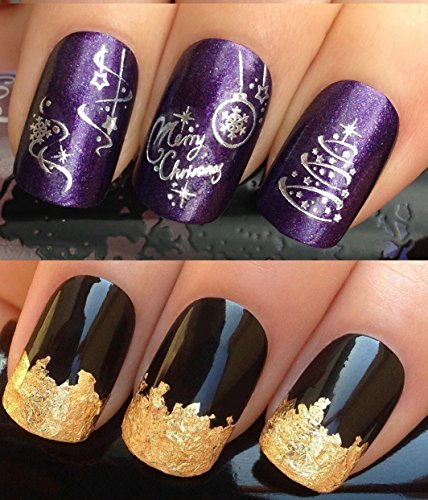 CHRISTMAS NAIL DECALS WATER TRANSFERS STICKERS ART SET #801. PLUS GOLD LEAF! XMAS SEASONAL HOLIDAY SILVER DESIGN BAUBLES ON SWIRL TREE MINI STARS SNOWFLAKES MERRY WRAPS & 24KT GLIZZY GOLD LEAF! CAN BE USED WITH NATURAL GEL ACRYLIC STICK ON NAILS! USE WITH GLITTER DUST CAVIAR BEADS ALLOYS DECORATIONS CONFETTI FIMO SHAPES TAPE PENS RHINESTONES - GET CREATIVE!