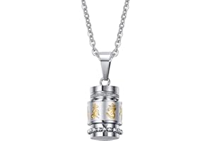 PAURO Homme Acier Inoxydable Bouddhiste Om Mani Padme Hum Prayer Wheel Mantra Bouteille Collier