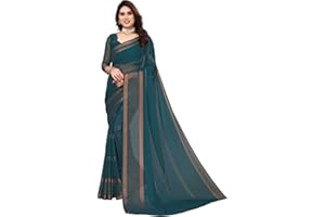 SIRIL Damen gefärbte, goldene Streifen in Sari Chiffon Saree mit ungenähter Bluse