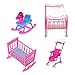 Produktbild MagiDeal 4pcs Puppenöbel Satz für Barbie Puppen - Kinderbett + Schaukelbett + Schaukelpferd + Kinderwagen - Pink + Blau