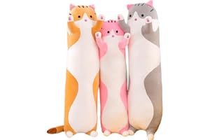 Kekeso Oreiller long en peluche chat doux et câlin - Grand coussin sur le thème du chat - Pour anniversaire, Noël et fête des enfants (gris, 90 cm)
