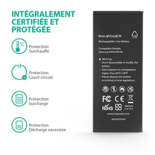 RAVPower Batterie de Samsung Galaxy Note 4 Batterie de Remplacement 3220 mAh avec NFC  48 Heures de Veille  Jusqu    500 Cycles de Charge  Protections