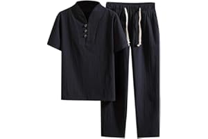 GENERIC Ensemble de survêtement pour homme Col en V T-shirts en coton et lin et pantalon de jogging Coupe droite Stretch 2 pièces Sweat-shirt confortable décontracté Survêtement deux pièces pour homme