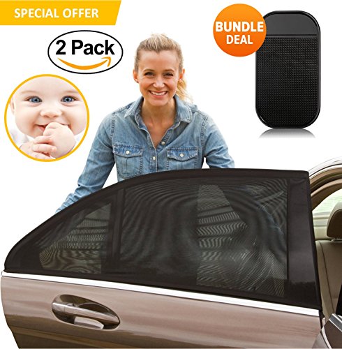 PRIMIUM Universal Car Window Shade 2 Pack - verbesserte Auto Sonnenschutz Baby und Kinder mit UV-Schutz für Kinder und Haustiere Premium Auto Fenster ohne Sun haftet- bonus Armaturenbrett Anti-rutsch-Matte