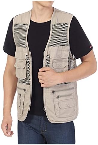 Men's Mesh Fishing Vest Photography Work Multi-pockets Outdoors Journalist's Vest Jacket (Khaki, XX-Large)