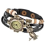 Taffstyle Damen-Armbanduhr Analog Quarz mit Leder-Armband Geflochten Charms Anhänger Uhr Retro Vintage Eule Gold Schwarz