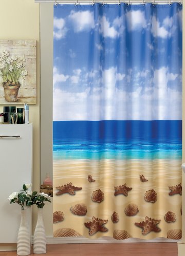 EDLER Textil Duschvorhang 120 x 200 cm „Seesterne & Muscheln am Strand“ Blau Weiss Braun inkl. Ringe - 2