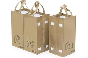 BLUECHOLON Ensemble de Sacs de Recyclage Robustes - 3 Pratiques pour Plastique, Verre, Papier et Carton - Faciles à Nettoyer, Attachés par Bandes - Durables, 23 L