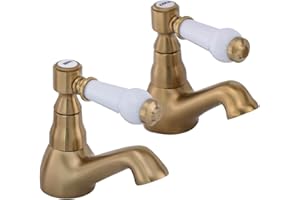 Brushed Gold Basin Taps Pair, HEXMIXER Victorian Bathroom Sink Taps, 1/4 Turn Brass Traditional Basin Pillar Taps G1/2 UK Standard Install Size 154GO