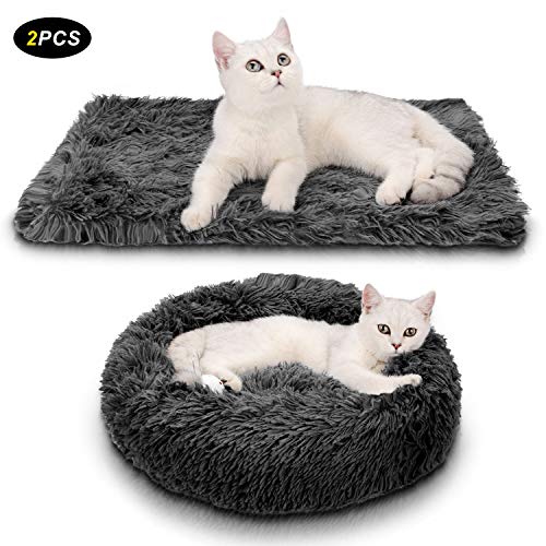 Legendog Lit pour chat, 2PC en peluche Donut gris chaud lit de chat chat chien rond nid chaud nid de chat doux + couverture souple gris