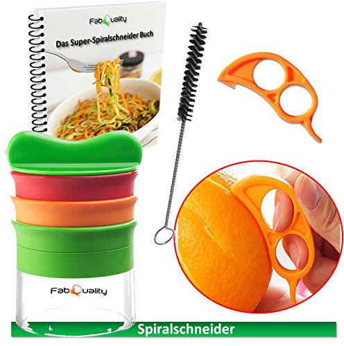 Premium 3 Klingen Spiralschneider Hand für Gemüsespaghetti kartoffel – mit BÜNDEL Kochbuch und enthält die Bürste für die Reinigung – FabQuality Zucchini Spargelschäler, Gurkenschneider, Gurkenschäler, Möhrenreibe Möhrenschäler, Gemüsehobel - 2