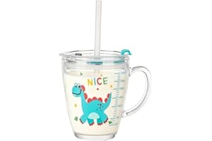 ITODA Tasse pour Enfants 4-6 Ans Tasse à Lait avec Paille Silicone Verres à Boire Transparent 300ml avec Échelle Poignée Verre d'eau Dessin Animé avec Un Couvercle Anti-fuite Mug Enfants,dinosaure