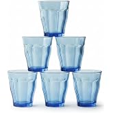 DURALEX | Set of 6 Glass Water Glasses 250 ml Picardie Marine Blue, Tempered Glass Low Cups with Relief, Stackable, Dishwashe