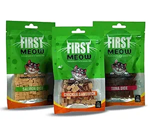 First Meow Cat Treats Combo Salmon Dice x1 & Chicken Sandwich x1 & Tuna Dice x1