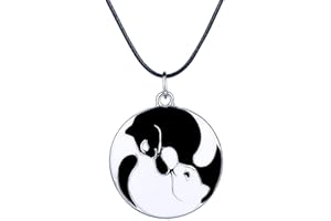 Yumilok Jewelry Collier Pendentif en Alliage et Cuir Le Chat Blanc et Noir en Fashion rétro pour Femme Fille Cadeau Toussaint Noël