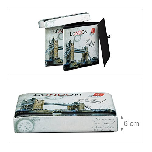 Relaxdays Faltbarer Sitzhocker 38 cm stabiler Sitzwürfel mit trendigen Motiven als praktische Fußablage als Sitzwürfel mit bedrucktem Kunstleder als Aufbewahrungsbox mit Stauraum und Deckel, London - 5