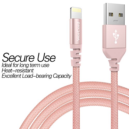 WorCord Lightning Cable [Apple MFi Certified] Nylon Braided 1.8M 6ft Lightning Cable Nylon Braided Lightning to USB Syncing and Fast Charging Cable Durable Cord Compatible for iPhone 7/7Plus/6s/6s Plus/5s/SE/5, iPad Mini Air Pro, iPod - Rose Gold