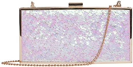 Zarapack Women's Pink Sequin Clutch Handbag Hard Case With Chain
