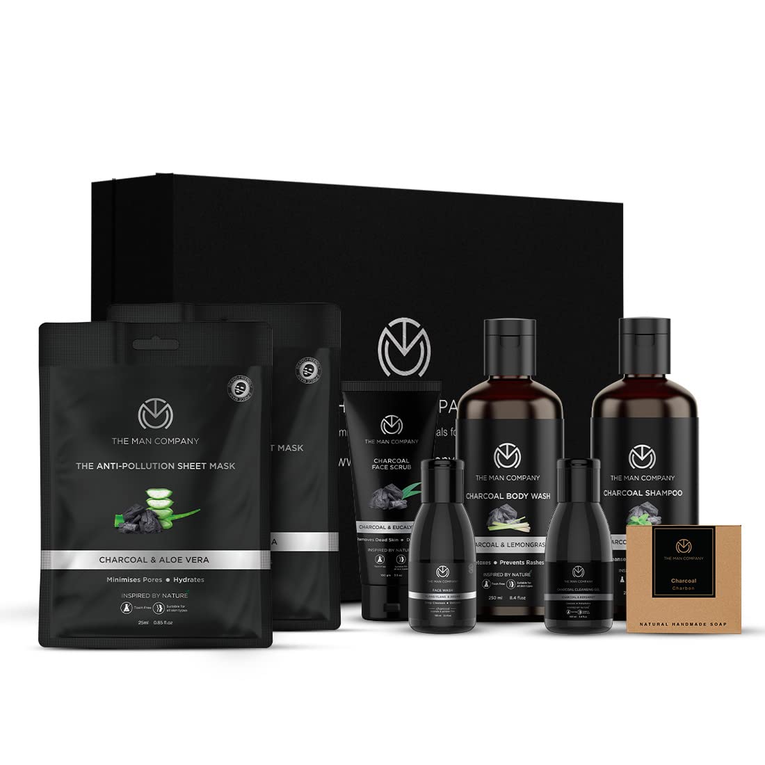 The Man Company Ultimate Charcoal Detan Kit With Elegant Gift Box | Charcoal Body Wash, Shampoo, Face Scrub, Face Wash, Soap,