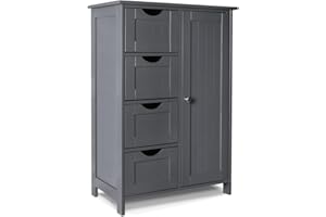 VOUNOT® Mueble Baño Armario de Suelo Auxiliar, Cajonera con 4 Cajones Armario con Puerta y Estante Ajustable, Organizador Estante de Almacenamiento para Cocina Salón, 55x30x82cm Gris