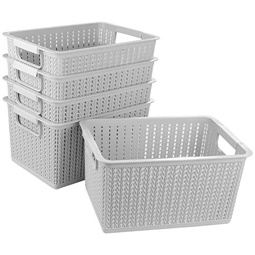 STARVAST 5pcs Panier de Rangement Plastique, Portable Boîte de Rangement de Bureau de Panier de Salle de Bains de Panier de Réfrigérateur de Cuisine en Plastique - 270mm x 190mm x 140mm (Gris)