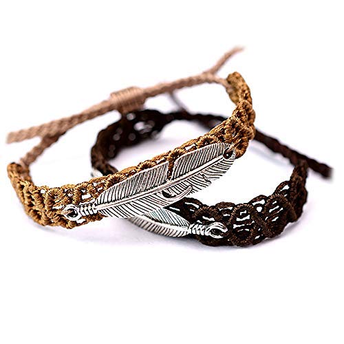 Hotott Dos Pulseras Tejidas Ajustables, Pulsera Vintage (Aleación de Plata), marrón Oscuro/Beige Hecho a Mano
