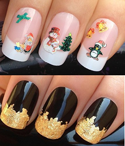 CHRISTMAS NAIL DECALS WATER TRANSFERS STICKERS ART SET #847. PLUS GOLD LEAF SHEET FOR CUSTOM DESIGNED NAIL! XMAS SEASONAL HOLIDAY GLITTER STICKERS SANTA FATHER SNOWMAN SNOWMEN FESTIVE BOWS BELLS TREE PENGUIN HAT 3D WRAPS & STUNNING 24KT GLIZZY GOLD LEAF FOR FULL HOLLYWOOD NAILS! ALL CAN BE USED WITH NATURAL GEL ACRYLIC STICK ON NAILS! USE ALONE OR WITH GLITTER DUST CAVIAR BEADS ALLOYS DECORATIONS CONFETTI FIMO SHAPES TAPE PENS RHINESTONES - GET CREATIVE!