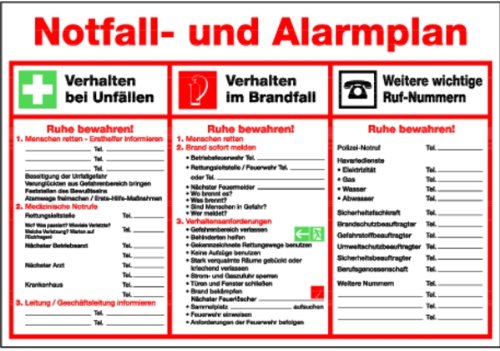 Schild Kunststoff Notfall- und Alarmplan 410x595mm (Erste Hilfe, Rettungsschild) praxisbewährt, wetterfest