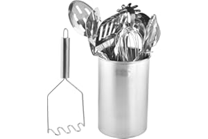 Evokk Set of 10 Stainless-Steel Kitchen Utensil piece high–quality Nonstick & Heat Resistant Kitchen Tools, Turner,Ladle, Spaghetti Server, Serving Spoons,Whisk, Potato Masher,Tongs and Utensil Holder