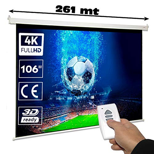 Pantalla de proyeccion electrica Luxscreen de 106" Dimensiones de la Tela 2,34 x 1,32 Metros y cajetín de Acero 2,61 Metros, Tela Blanco Mate con Ganancia de Brillo 1.1, Incluye Mando a Distancia
