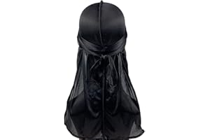 PLABBDPL 1Pcs Seide Durag, Durag Men Silk Wave Durag Mit Extra Langem Schwanz Und Breiten Trägern Silky Satin Durag Head Wrap Doo Lumpen für Männer und Frauen 360 Wellen (Schwarz)