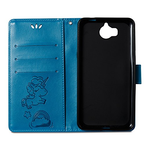 Custodia Huawei Y5 2017, Cover Huawei Nova Young, RosyHeart Portafoglio Protettiva in pelle per Huawei Y5 2017 /Huawei Nova Young /Huawei Y5 III Retro Nube Cavallo Modello Stampata Design Bookstyle Flip Cover Stand Case - Blu