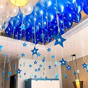 Party Propz Blue Metallic Rubber Balloons With Star Shape Hanging Decorations Items -91Pcs Boys Birthday Decoration Items/Baloons Decor/ Ceiling Hanging Decoratives Materials