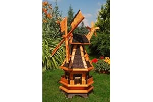 DEKO-SHOP-HANNUSCH Windmühle aus Holz, kugelgelagert 1,0 m Bitum dunkel mit Beleuchtung Solar, Solarbeleuchtung, mit extra Windrad hinten am Kopf, imprägniert, Kugellager einstellbar, Gartenwindmühle, Windmühlen
