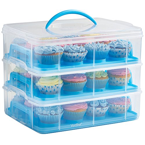 VonShef Snap and Stack 3 Etagen Cupcake Behälter & Kuchentransportbehälter – Bewahren Sie bis zu 36 Cupcakes oder 3 Große Kuchen auf
