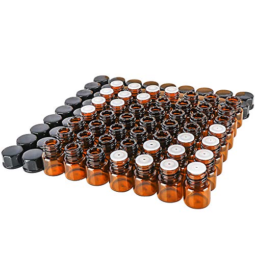 50 pack 1ml（1/4 Dram Mini Amber Glass Essential Oils Sample Bottles with Orifice Reducer and Black Caps for Essential Oils,Chemistry Lab Chemicals,Colognes & Perfumes.3 plastic droppers as gift.