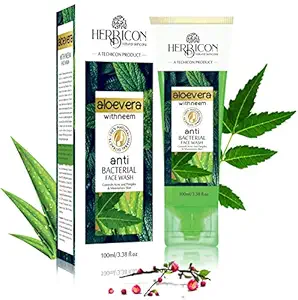 Herbicon Aloe Vera with Neem Anti Bacterial Face Wash with Vitamin E Granules for Anti Acne, Pimples, Dark Spots, Deep Cleansing, Skin Repair - 100% Organic, Natural & Herbal - 100 Ml