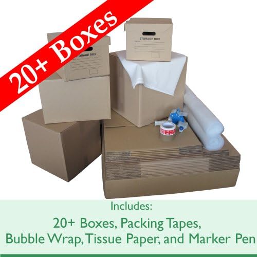Standard Home Removal Pack - 20+ Large Strong Storage Boxes, Archive Boxes, Bubble Wrap, 2 Rolls of Tape (Brown + Fragile), Dispenser, Tissue Paper &amp; Marker Pen