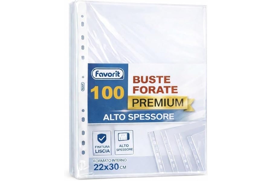 Favorit Buste Perforate, Lucide, Alto Spessore, 22 x 30 cm, 100 Pezzi, Trasparenti