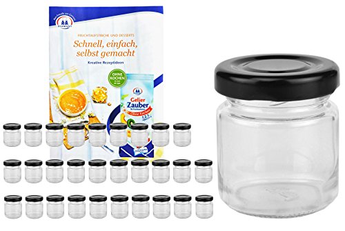 28er Set Rundgläser 53 ml Deckelfarbe schwarz TO 43 inkl. Diamant Gelierzauber Rezeptheft, Einmachgläser, Einkochgläser, Vorratsgläser, Mini Sturzgläser, Obstgläser, Portionsgläser, Gläser