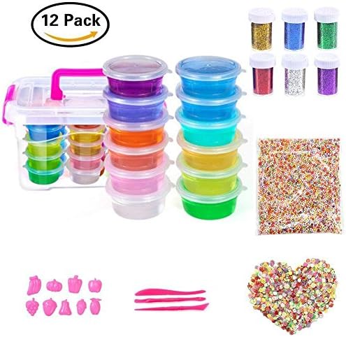 Laconile DIY Crystal Slime Kit 12 Pack Crystal Clay Mud with 10000PCS Colorful Foam Balls, 2500PCS Fruit Face Decoration, 6 Bottles Glitter Shaker Glasses, Non-toxic Plasticine DIY Toys