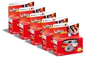 AGFA Photo 601020 LeBox Flash, Einwegkamera, 27 Fotos, optisches Objektiv 31 mm, Grau und Rot, 5er