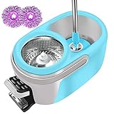 Loiofoe Easy Wring & Clean Turbo balai à frange + seau à pédale Spin Balai à franges en acier inoxydable 360 Spin avec poignée extensible facile à presser et 4 x tête de balai en microfibre