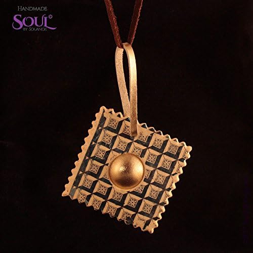 502 - Ravioli is a necklace, a fusion of Italian-Portuguese designs, made of Kato ceramic with a Portuguese tile design, holding a golden leather "ball"